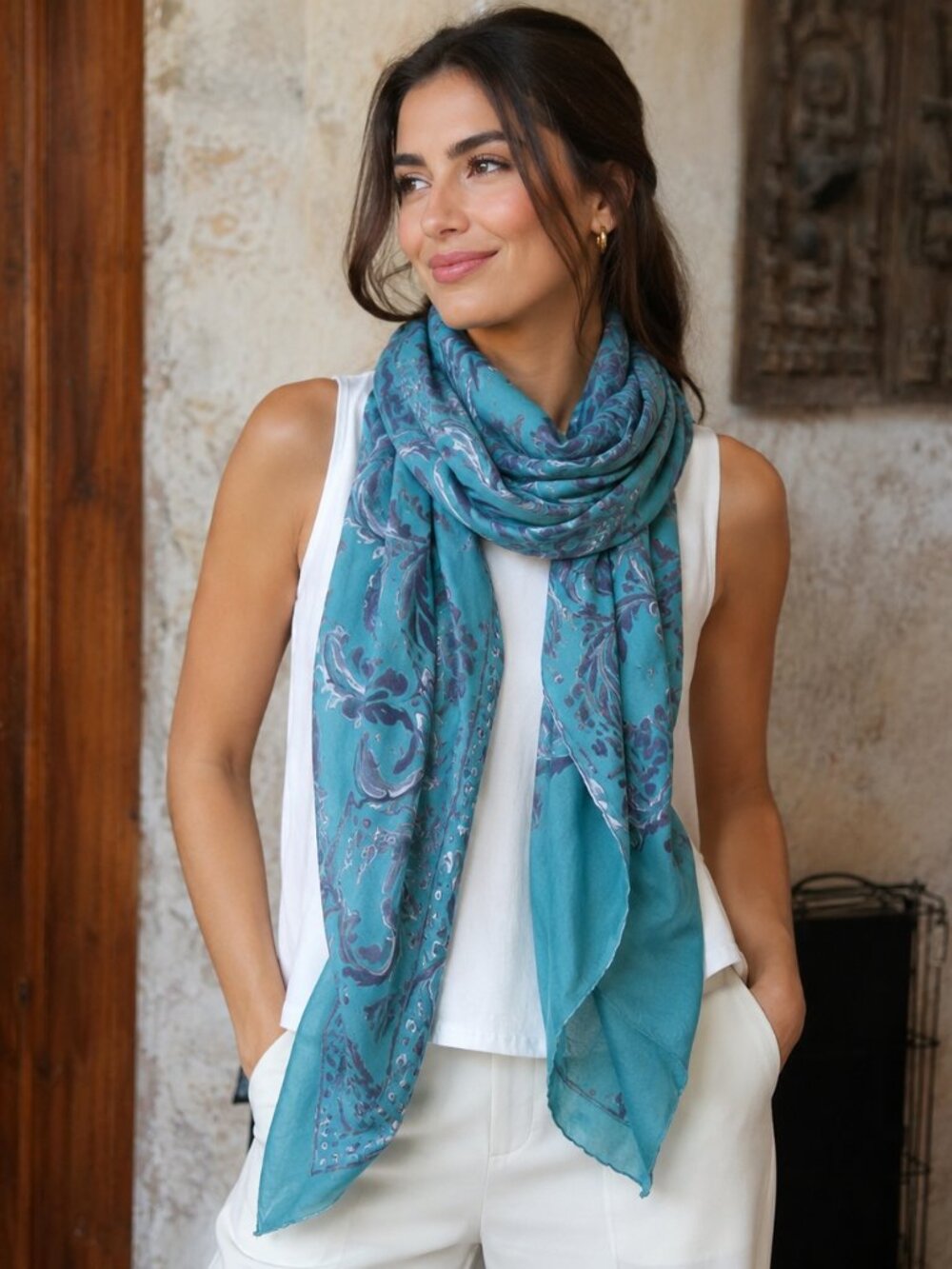Scarf, Lightweight Teal Texured Paisley Scarf